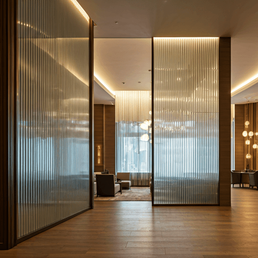 Lobby hôtelier élégant avec lumière douce et cloisons de verre abstraites.