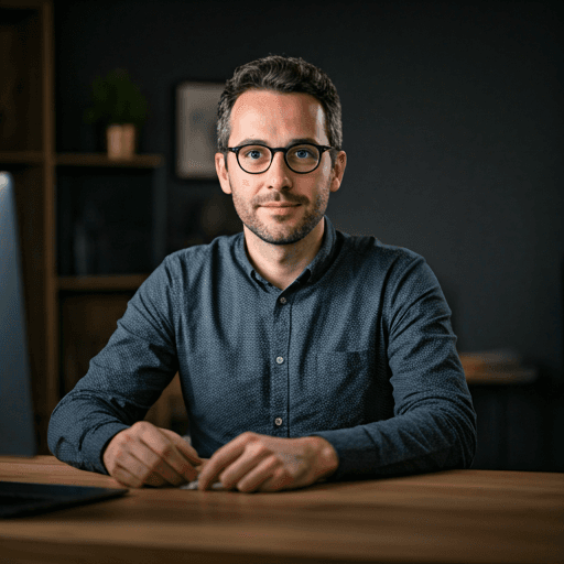 Portrait d'Edgar Guibert dans un espace de travail créatif et minimaliste.